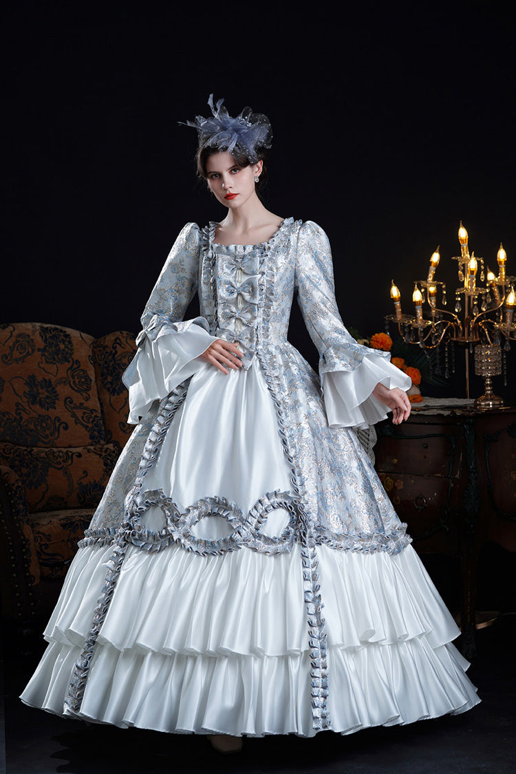 Azure Vintage Trumpet-Sleeve Embroidered Bow-Front Palace Gown