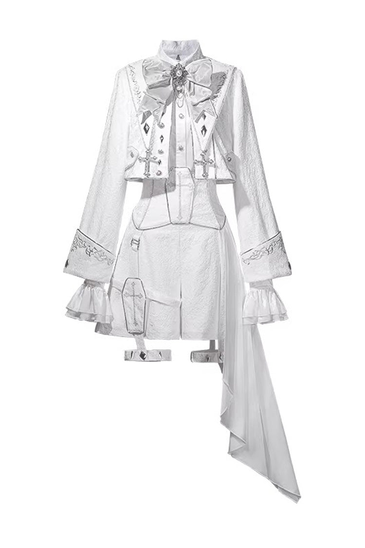 Ivory Asymmetric Prince Coat Shorts Set with Bows - Silver-White Sacred Pact