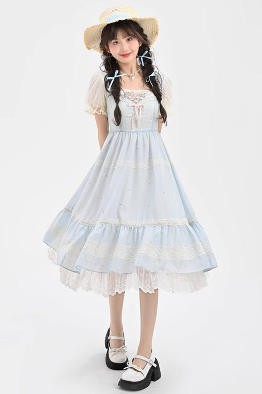 Azure Embroidered Sweet Princess Dress with Lace and Bows