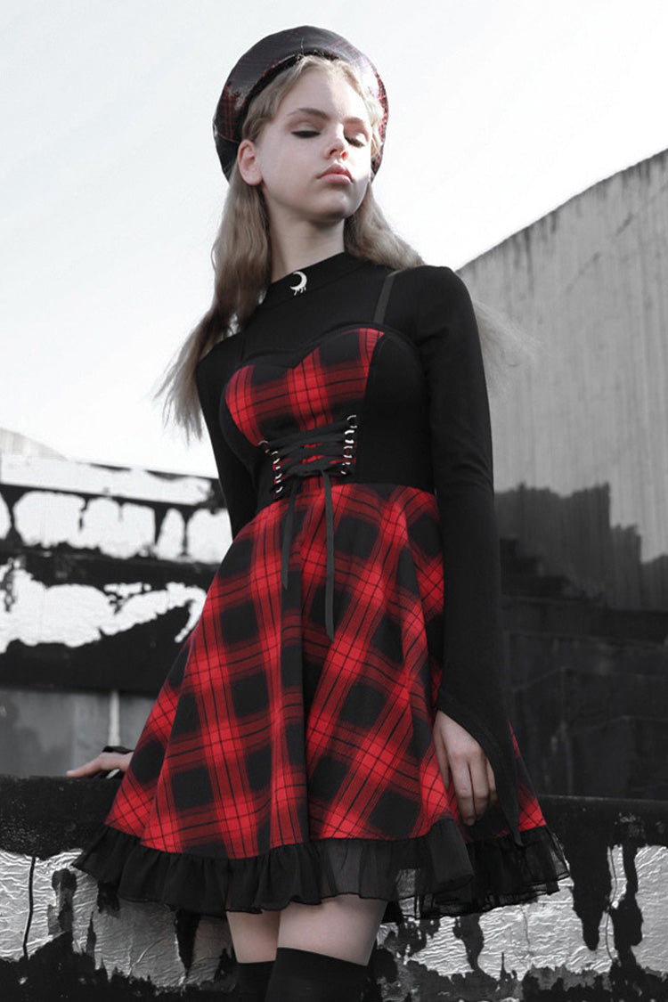 Lattice Plaid Stitching Binding Steam Punk Strap Dress