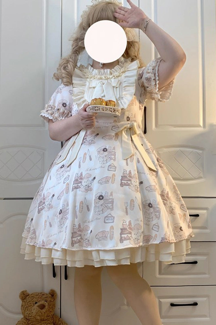 Short Puff Sleeve Print Ruffle Plus Size Princess Lolita Dress Ivory