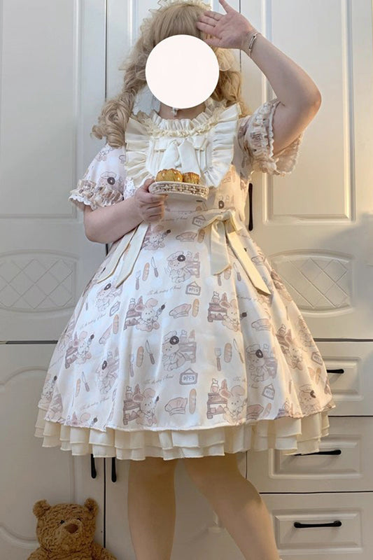 Short Puff Sleeve Print Ruffle Plus Size Princess Lolita Dress Ivory