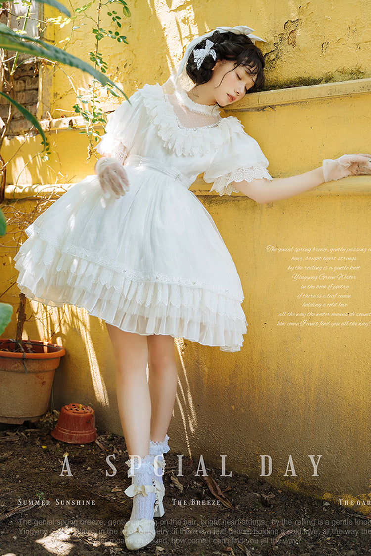 White Layered Ruffle Hanayome Hollow Bow Lace Vintage Gorgeous Lolita Dress