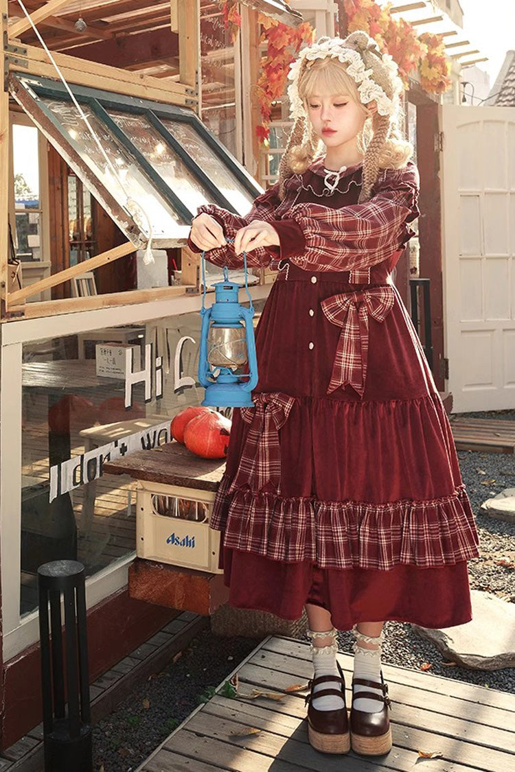 Red Velvet Plaid Printed Bow Christmas Sweet Lolita Dress
