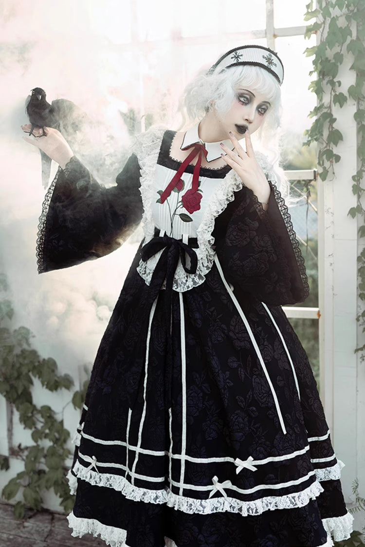 Black Double-Layered Ruffled Embroidered Bow Lace Gothic Nun Dress - Rose Choir