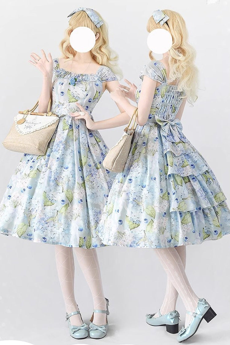 Blue Forest Basket Hydrangea Bowknot Chiffon Elegant Jsk Dress