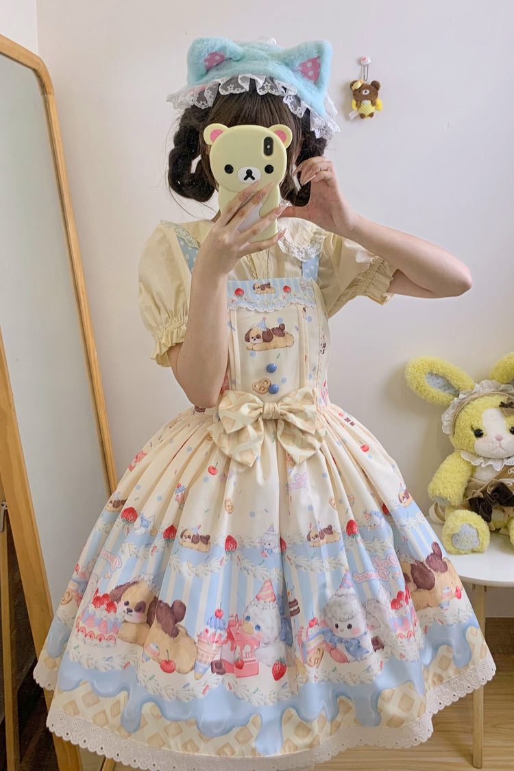 Cream Party Printed Bow Stitching Lace Sweet Lolita JSK Dress