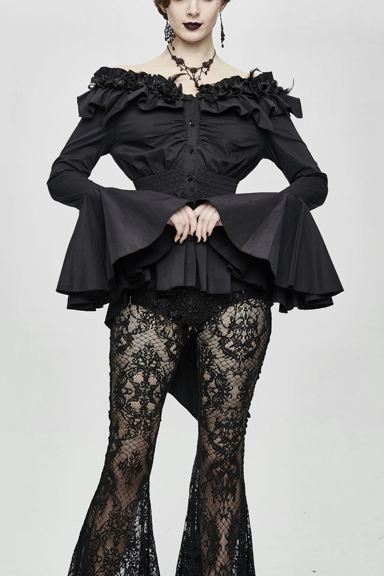Ink Rose Flower-Decorated One-Word Collar Long-Sleeve Flare Cuff Gothic Blouse for Women