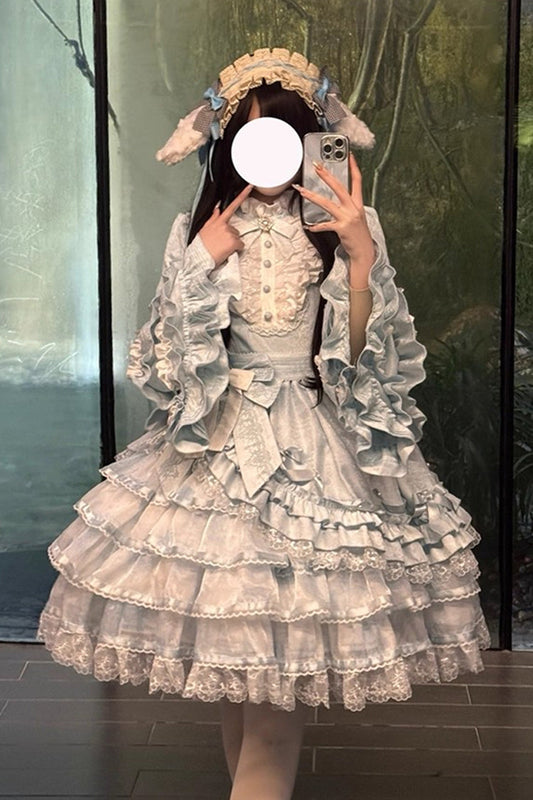 Blue Soloist Doll Long Hime Sleeve Multi-Layer Print Ruffle Bow Asymmetrical Sweet Lolita