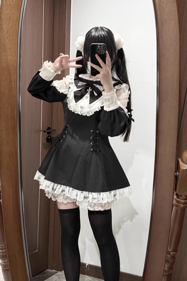 Black and White Divine Love Cut-Out Bow Lace-Up Dress and Shorts Set