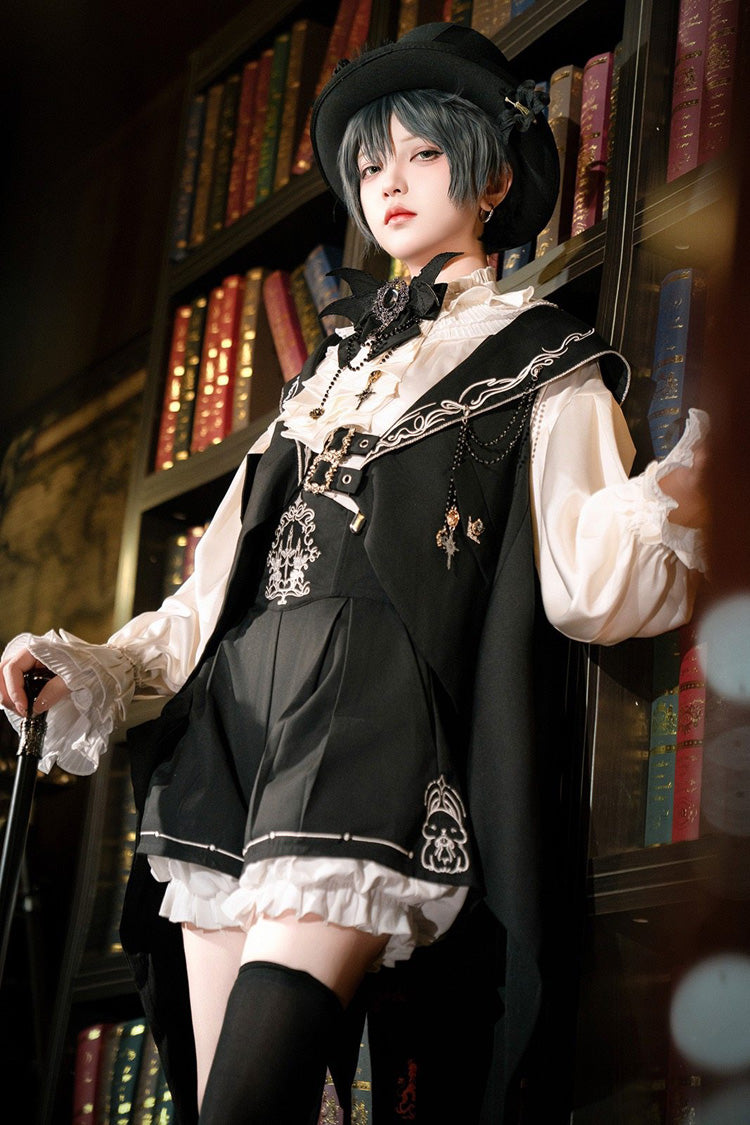 Embroidered Prince Ouji Vest and Shorts Set in Black