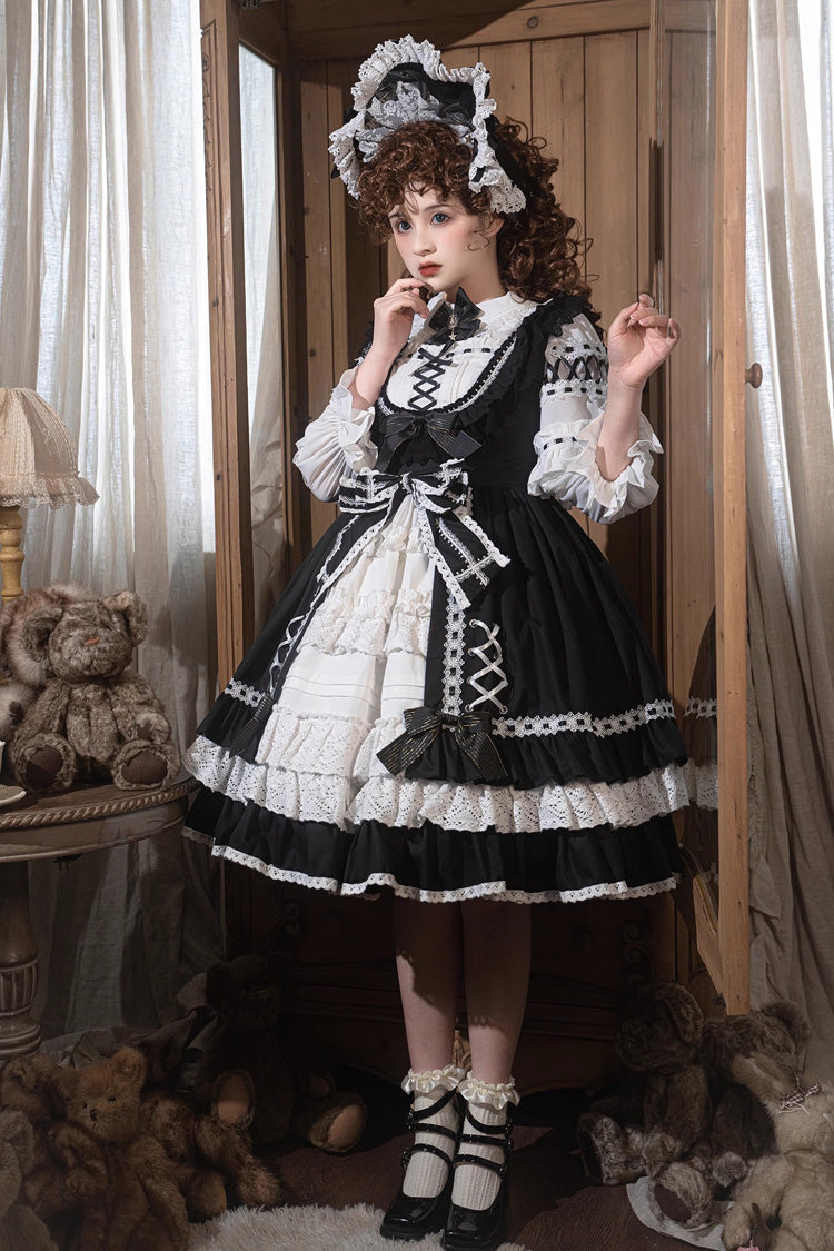 Black/White Tina's Gift Sleeveless Multi-Layered Ruffled Cardigan Bow Lace Sweet Lolita JSK Gown