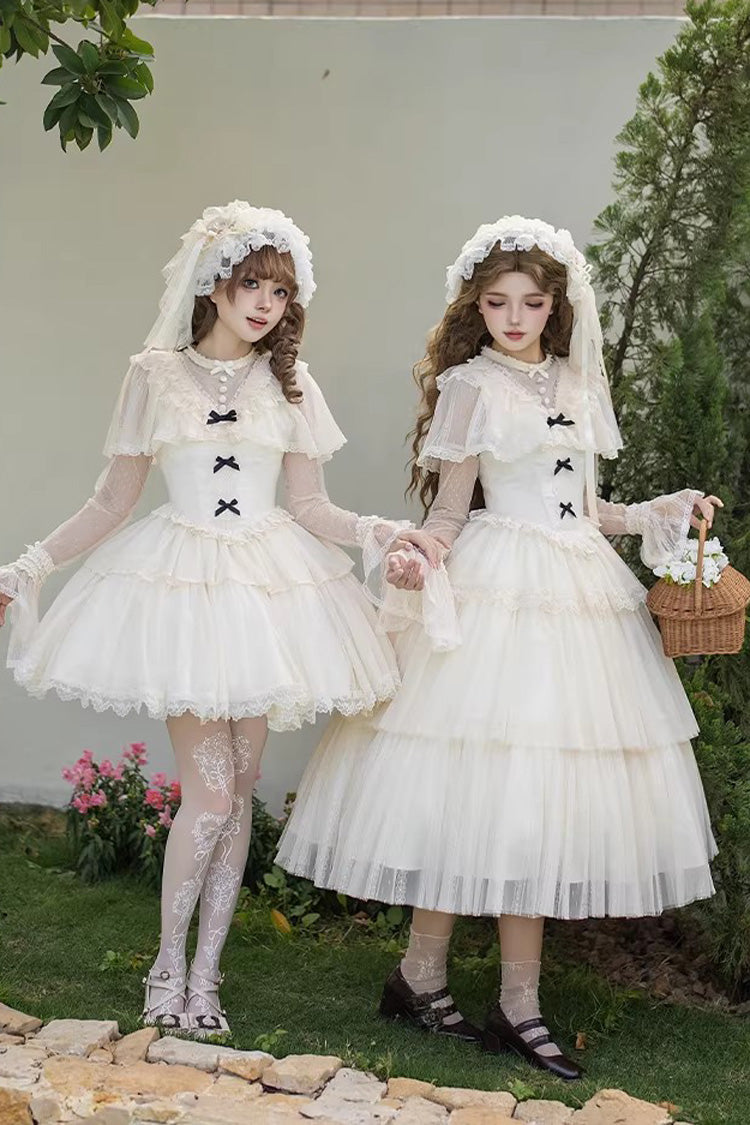 Elegant Sweet Lolita Dress with Edwardian Collar and Ruffled Bow - Ivory