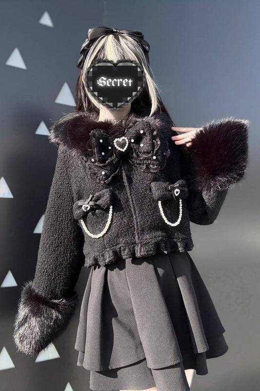 Black Bow-Trimmed Wool-Blend Gothic Jirai Kei Short Jacket