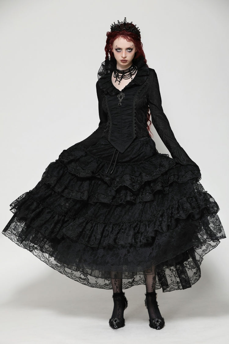 Ruffled V Stand Collar Long Flared Sleeve Jacquard Gothic Blouse for Women Lace