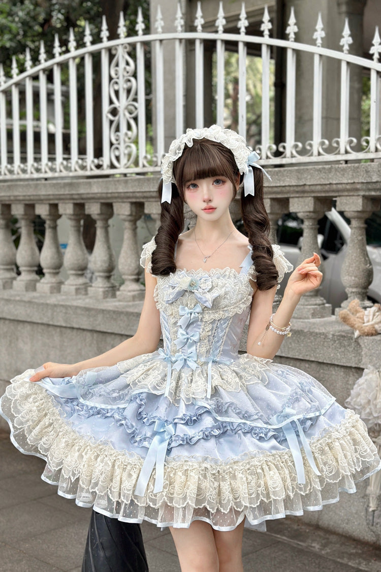 Dreaming Butterfly Blue Multi-Layered Jacquard Ruffle Bowknot Lace Sweet Princess JSK Dress