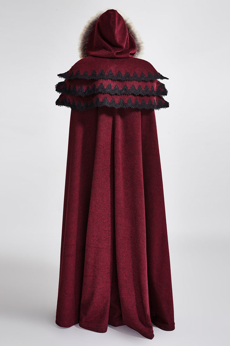 Crimson Hooded Fur-Collar Wool Gothic Cloak Coat