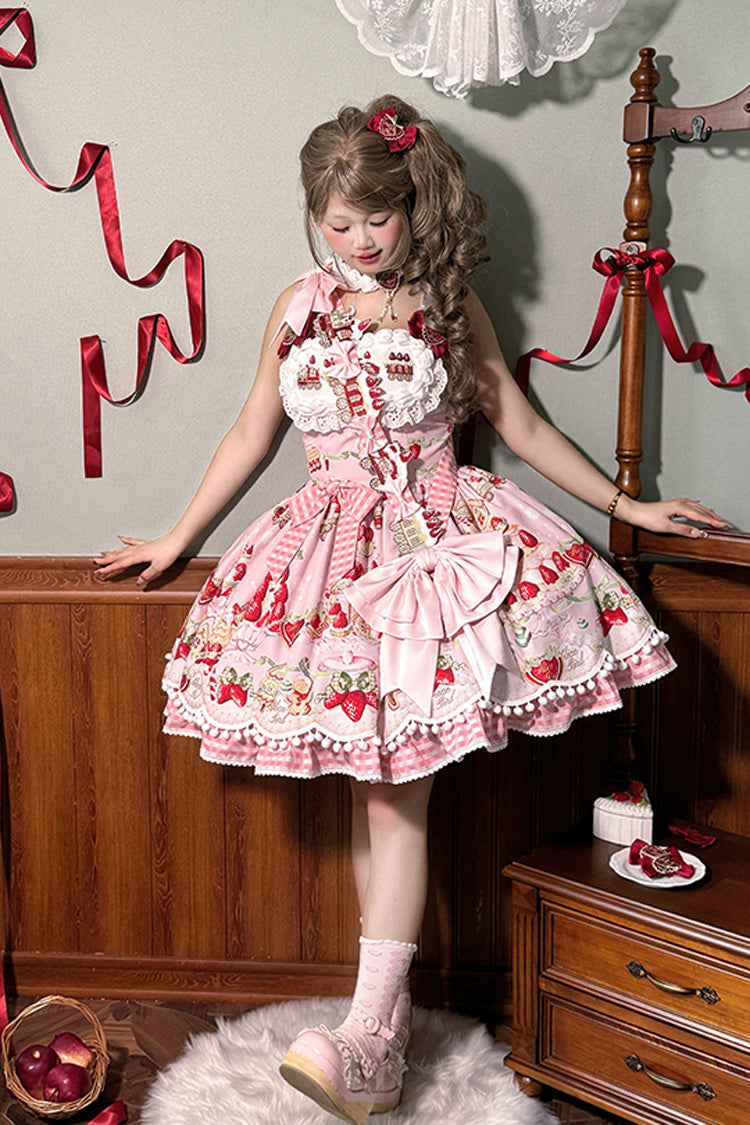 Mint Strawberry Dessert Printed Natural Waist Sweet Lolita JSK Dress - Ruffled