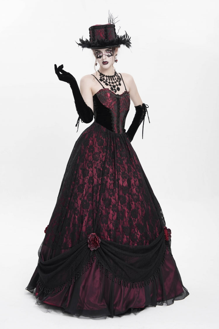 Scarlet Beaded Floral Embroidered Gothic Long Slip Dress