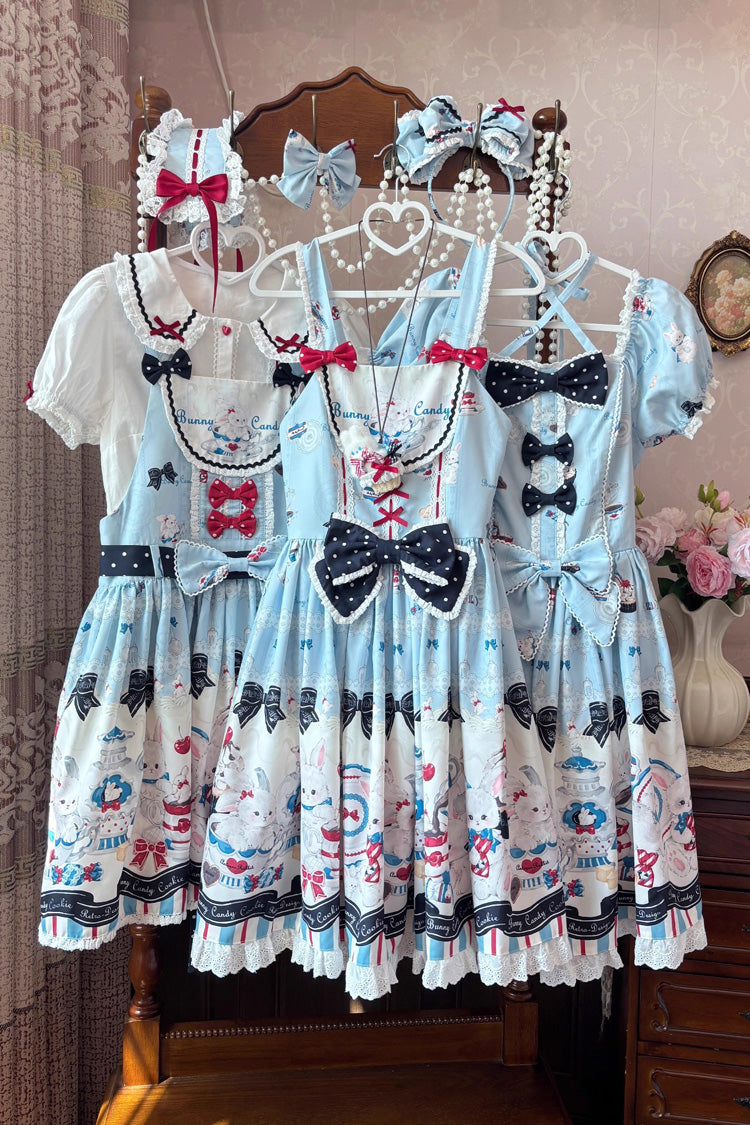 Square Collar Short Sleeve Print Ruffle Sweet Lolita Dress Blue