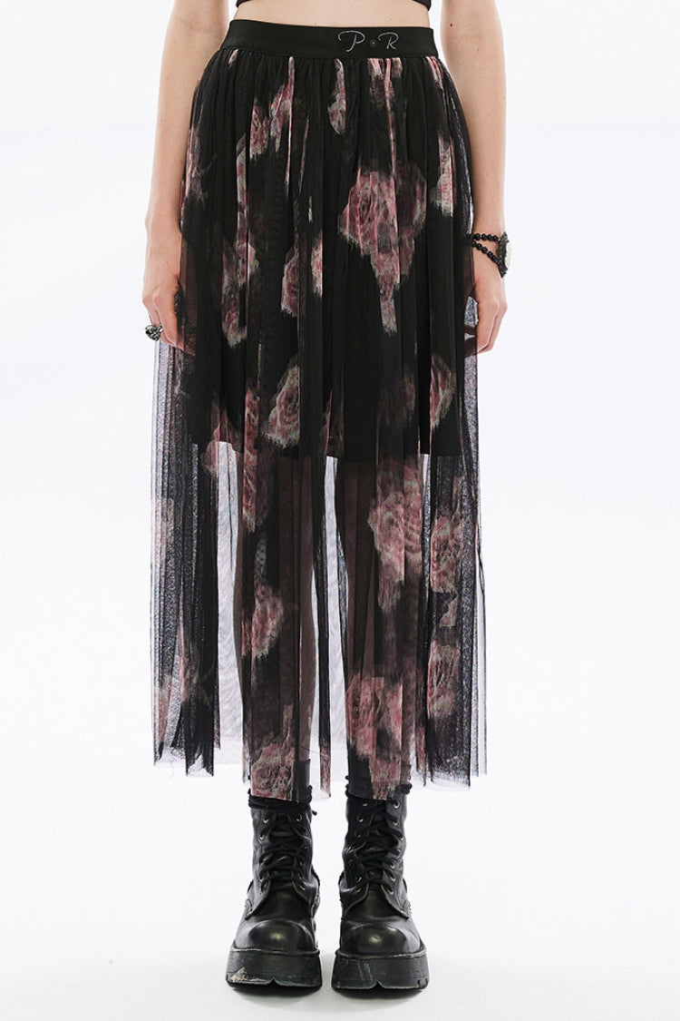 Gothic Sheer Skirt - Rose Embroidery, Lace Stitch, 2 Colors