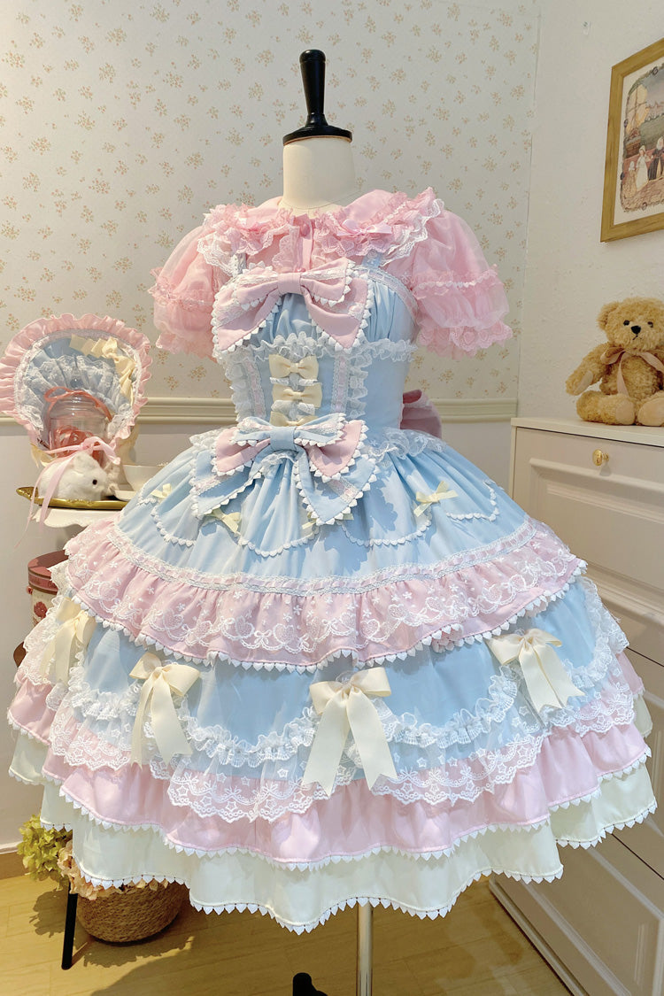 Blue Pink Fondant Cake Sleeveless Layered Ruffle Bow Lace Sweet Jsk Dress
