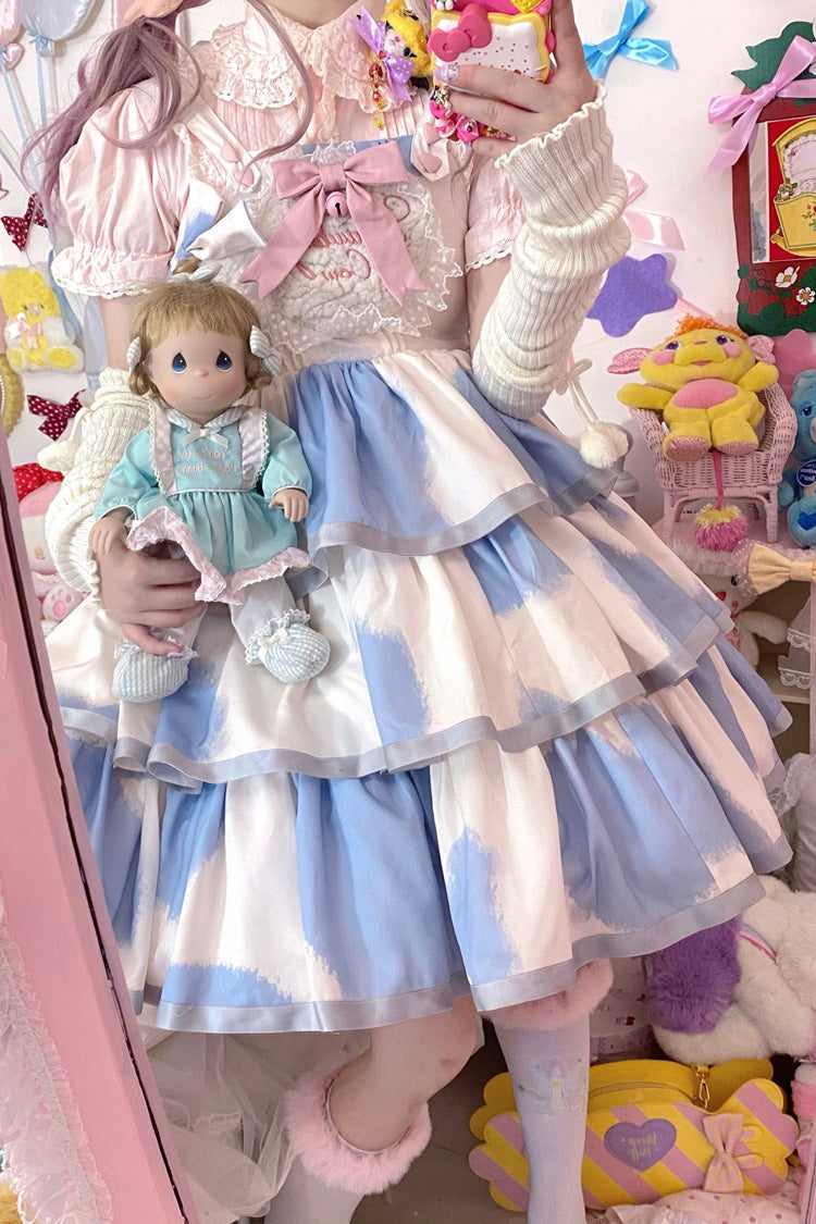Azure Cow-Print Bowknot Sweet JSK with Triple Ruffles
