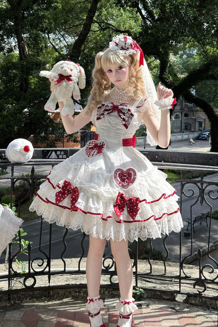 Ivory Polka Dot Love Letter Sleeveless Double Bow Pearl Accent Lolita JSK