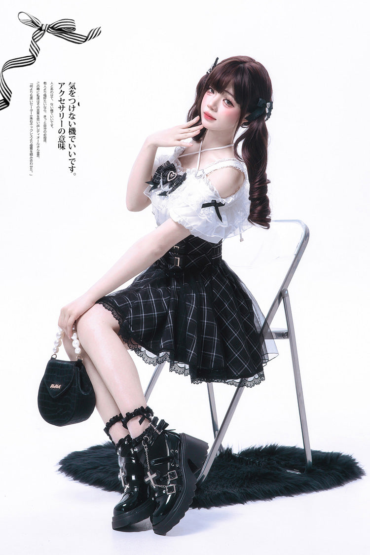 Plaid Bow Classic Jirai Kei Skirt Ensemble with Off-Shoulder Sleeves
