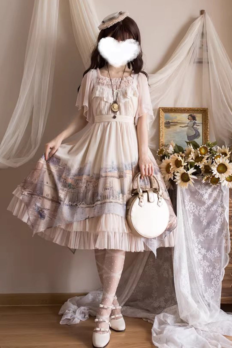 Irregular Apricot Layered Print Sweet Lolita JSK Dress