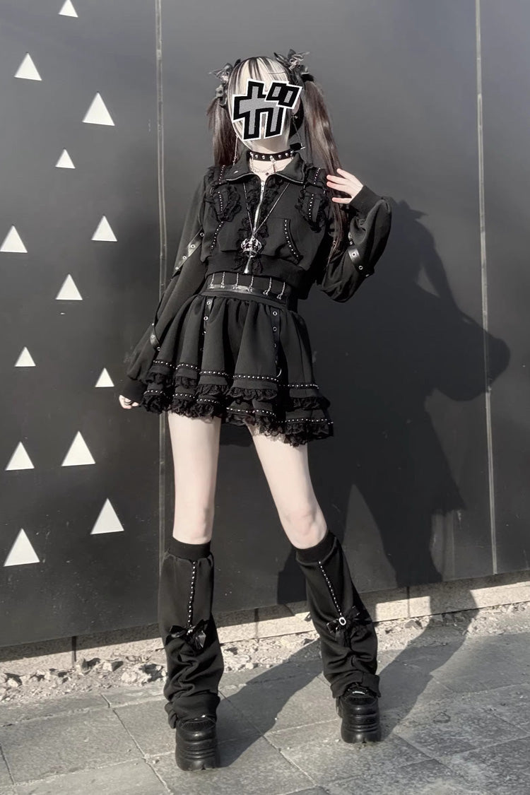 Black Gothic Ruffle Lace Zip Skirt Ensemble Jirai Kei
