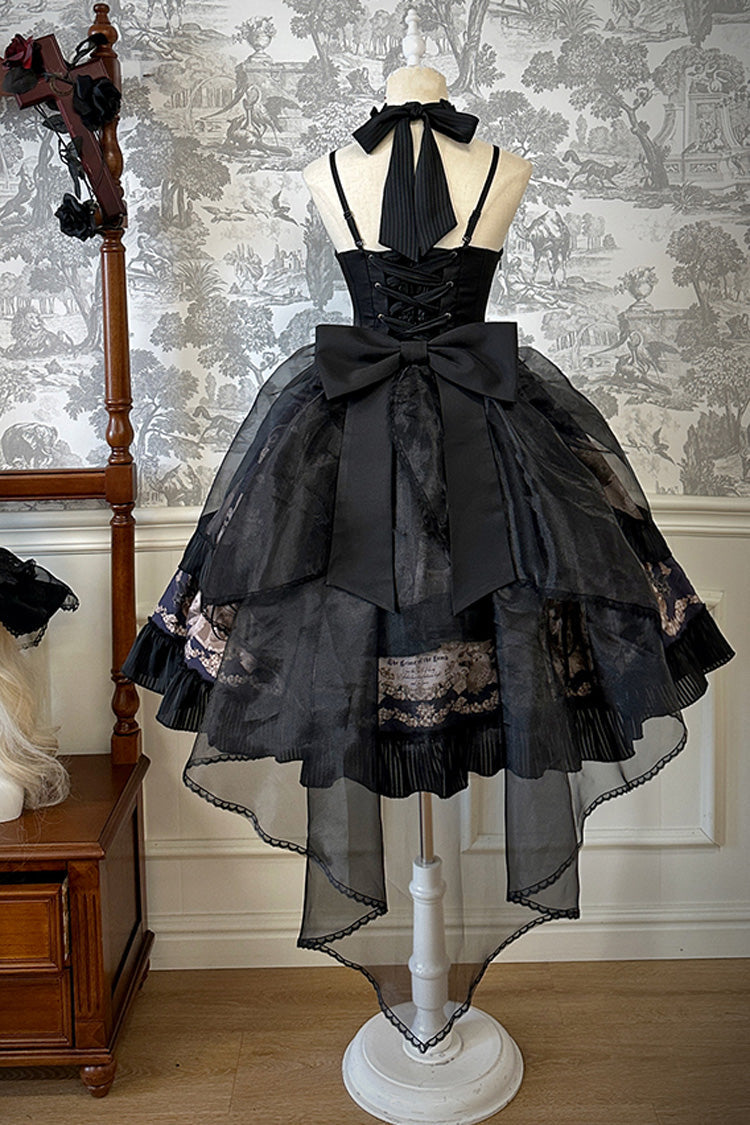 Black The Mystery of The Doll Halterneck Printed Ruffle Bowknot Drawstring Gothic Lolita Dress