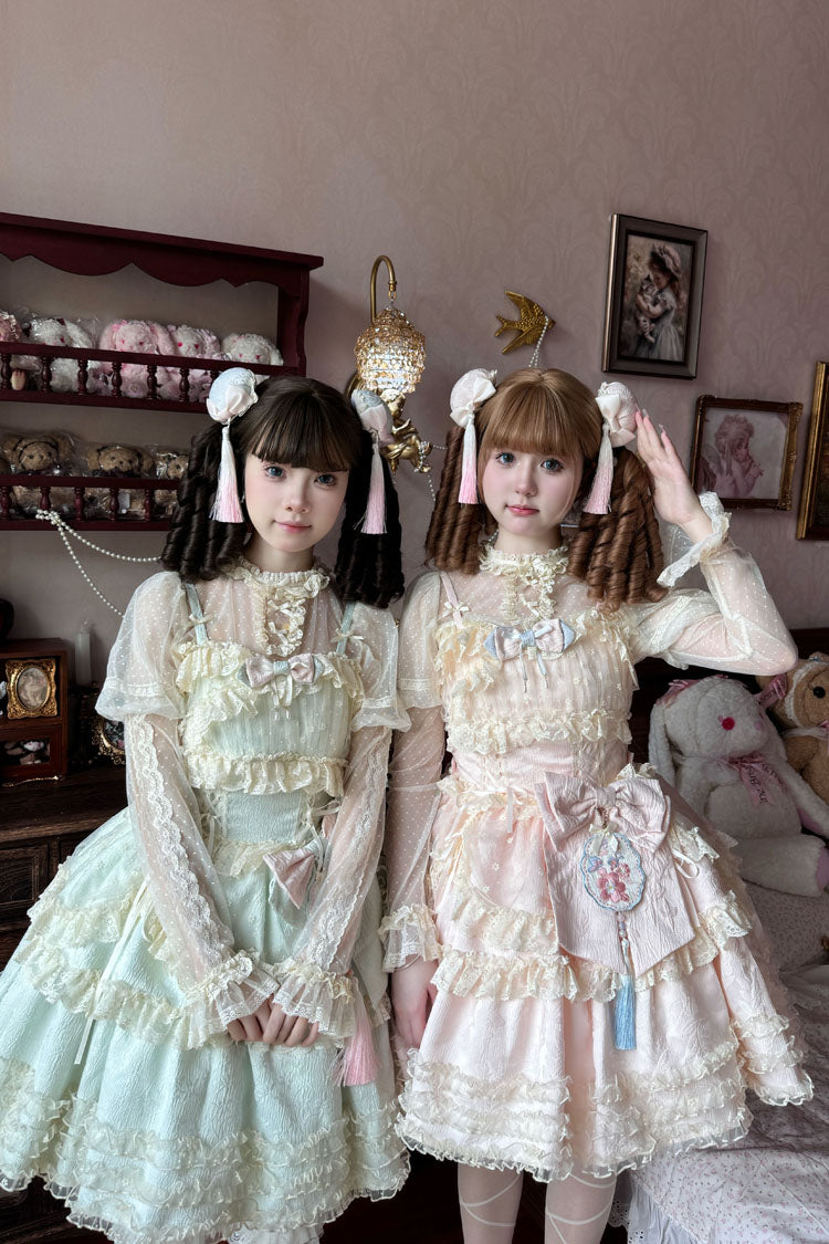Good Night Peach Sleeveless Multi-Tiered Ruffled Bow Lace Sweet Chinese Style Lolita Jumper Dress Three Colors