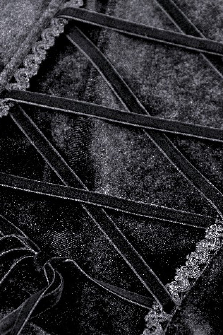 Jet-Black Gothic Evening Dress with Cutout Lace and Velvet Corset