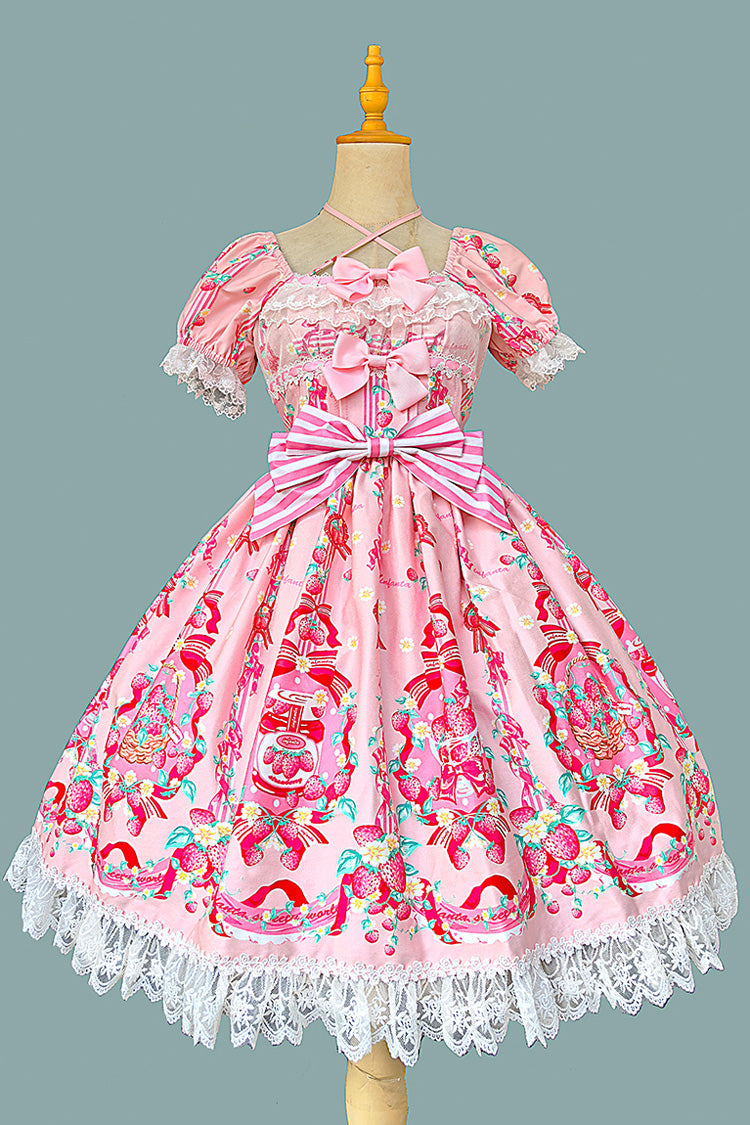 Printed Bowknot Lace Sweet Dress with Short Sleeves - Strawberry Chef