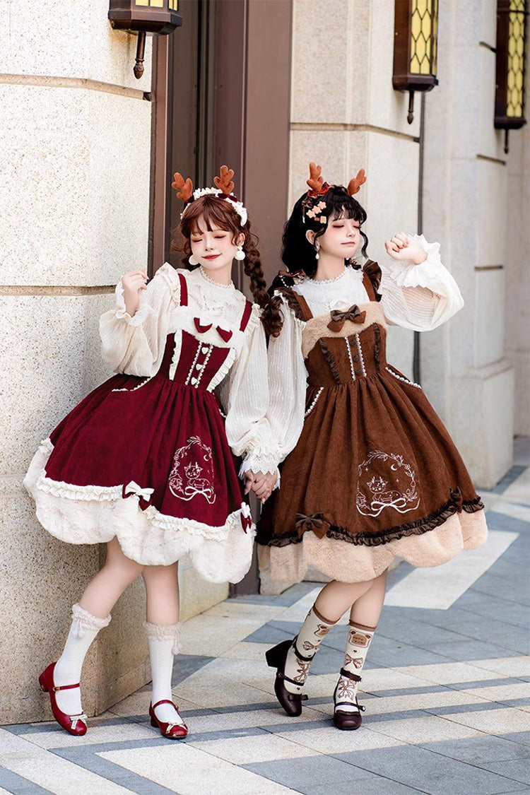 Autumn Winter Lolita JSK with Deer Print & Bowknot Embroidery