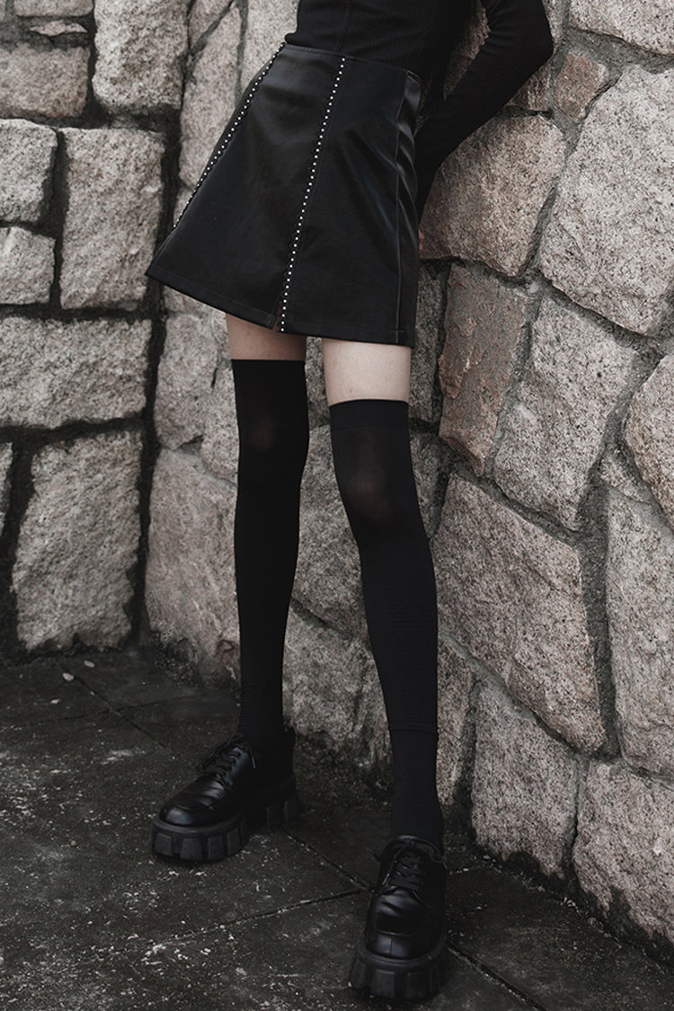 Leather Punk Skirt with Lace Slit and Rivet Trim