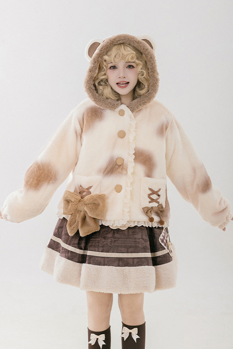 Cream Mocha Bear Print Hooded Bow Sweet Lolita Coat
