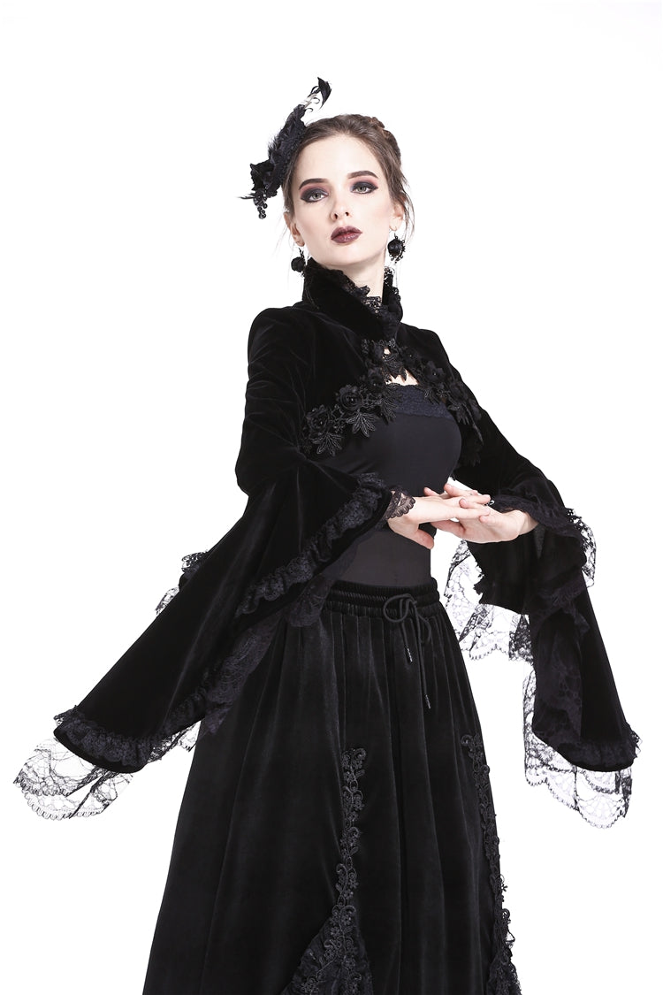 Multi-Layered Long Trumpet Sleeve Rosette Velour Gothic Bolero for Women Lace