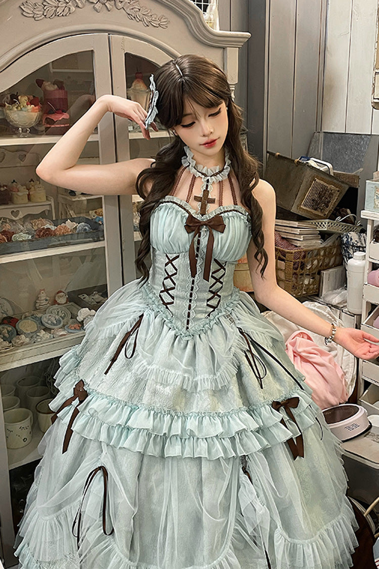Mint Green Cross Halterneck Lace-Up Princess Sweet Lolita Dress - Ruffled Lace