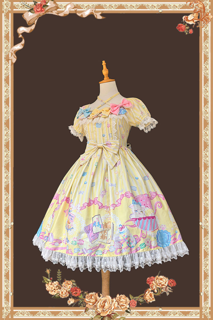Yellow Square Collar Lantern Sleeve Sweet Lolita Dress Bow Print - Macarons Dolly House