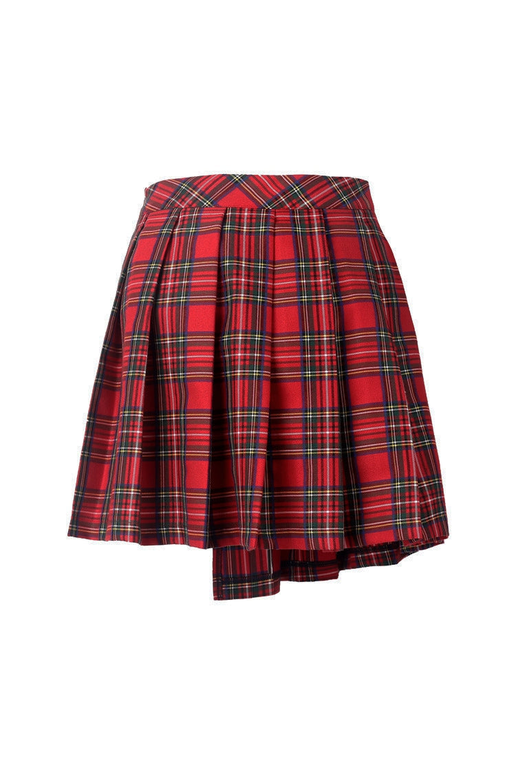 Crimson Plaid Pleated Punk Hem Skirt