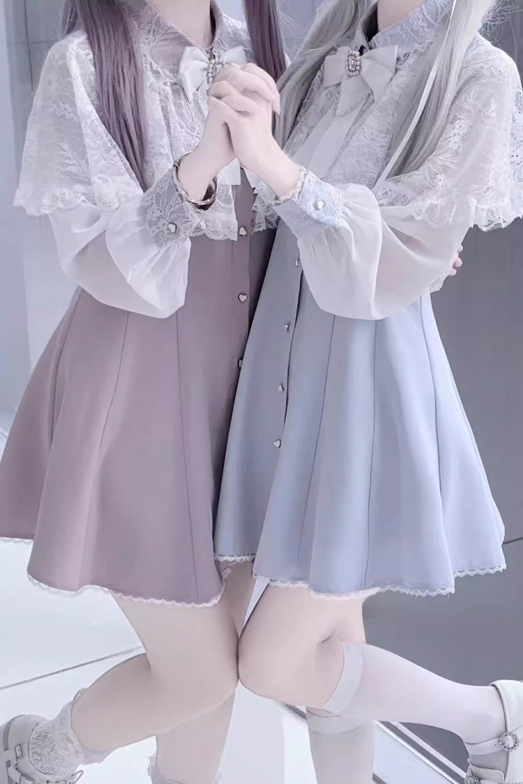 Aqua Shawl Lace Chiffon Long Sleeves Slim Jirai Kei Dress