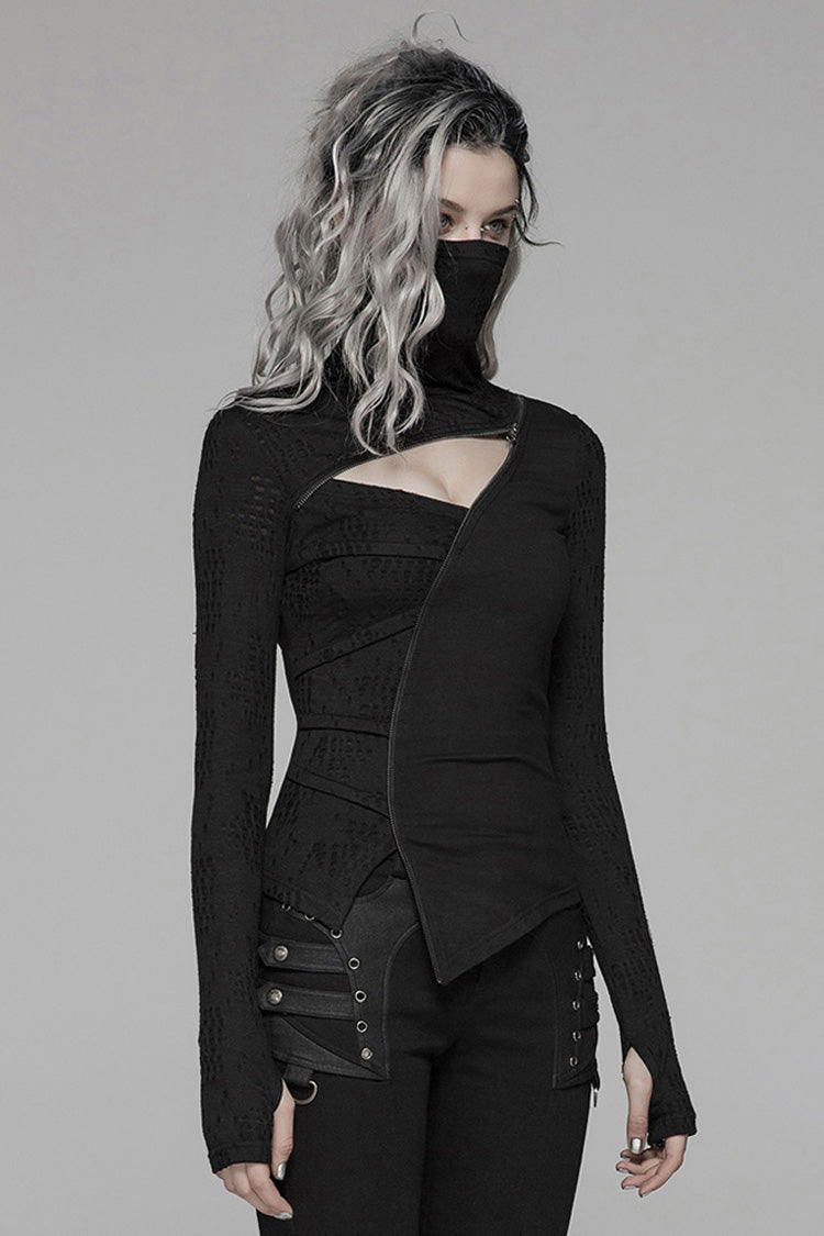 Jet-Black Knit Tee with Pleated Cutouts and Slit Hem for Women
