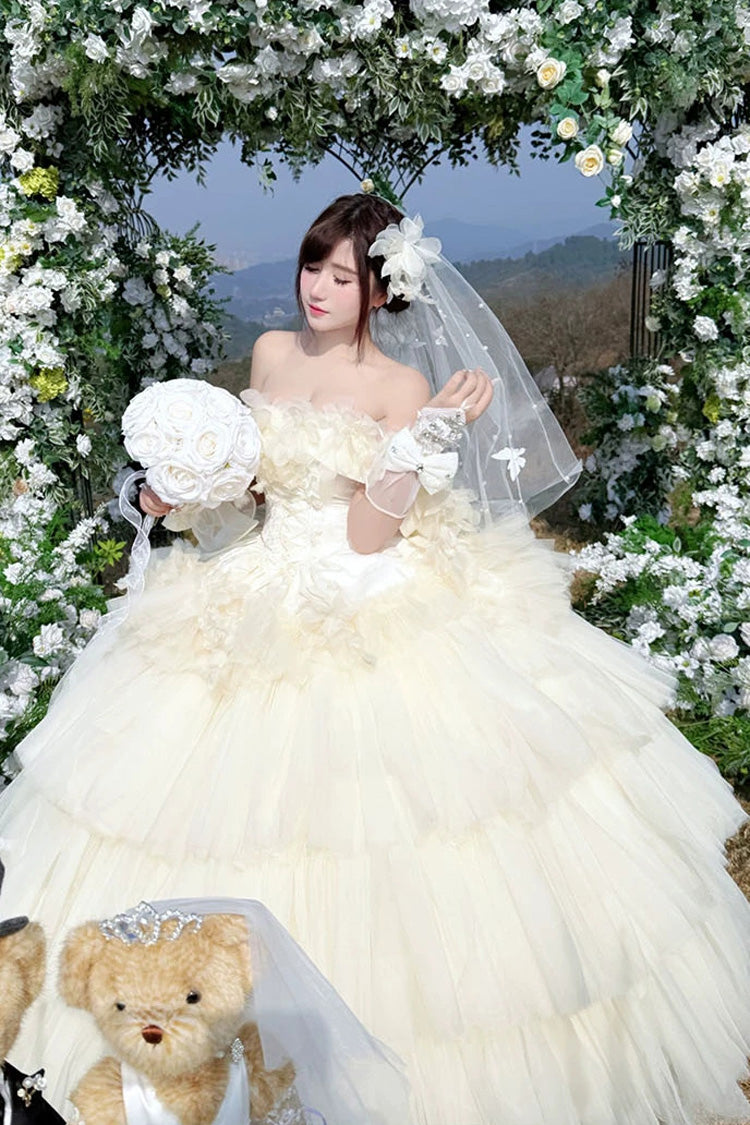 Apricot Sweet Lolita JSK Long Dress with Triple-Layer Ruffled Hanayome Bow Lace-Up and Sleeveless Design