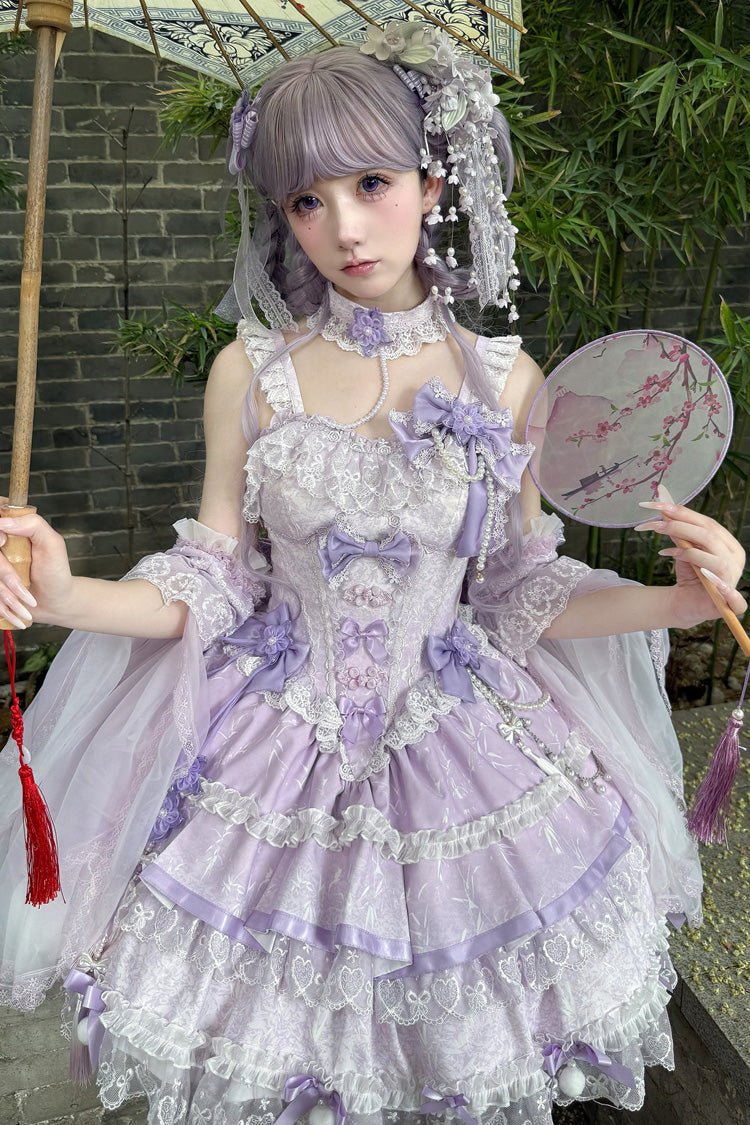 Violet Cherry Prelude Square Collar Sleeveless Jacquard Ruffled Bow Pearl Lace JSK