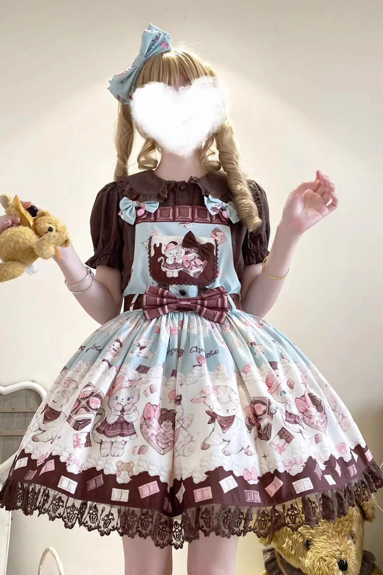 Chocolate Rosette Cat Printed Bow Stitching Lace Sweet Lolita JSK Dress