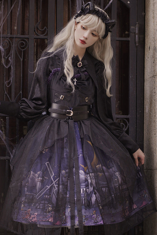 Ebony JSK Dress - Witch Town Print Gothic with Veil
