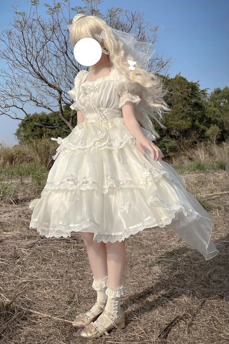 Ivory Square Neck Short Sleeve High-Waist Multi-Layer Ruffle Plus Size Lolita Dress