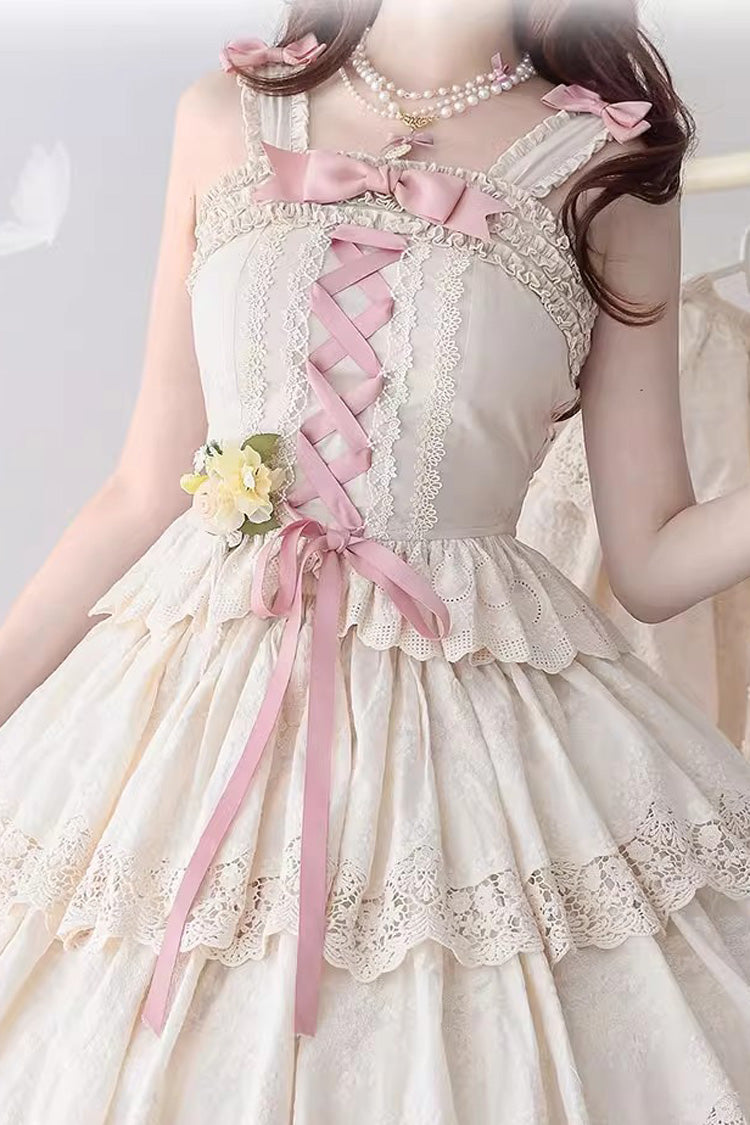 Cream Forest Waltz Embroidery Bow Lace-Up Slim Elegant Sweet Lolita Suspender Top